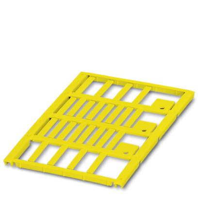 Yellow plastic grid-structured pallet, rectangular in shape. It is used for stacking or storing goods.