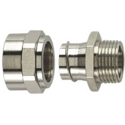 Two nickel-plated fittings, male and female, demonstrate the connection possibilities for metal pipes in plumbing installations.