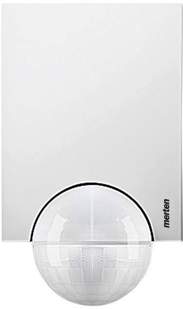 A white, rectangular motion sensor with a hemispherical cover at the bottom, brand name 'merten' in the bottom right.