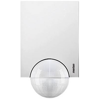A white, rectangular motion sensor with a hemispherical cover at the bottom, brand name 'merten' in the bottom right.