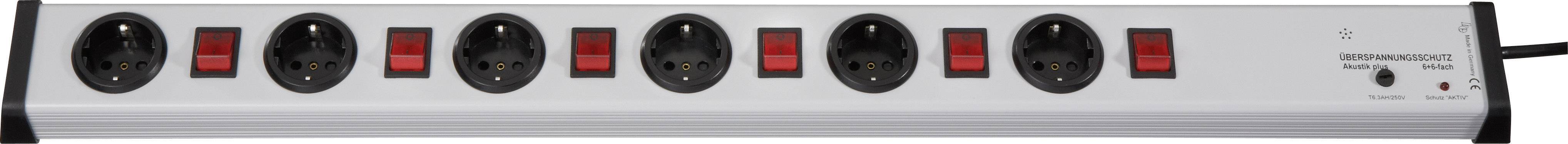 Six-way socket strip with power switches and surge protection indicator. Suitable for simultaneous power supply of multiple devices.