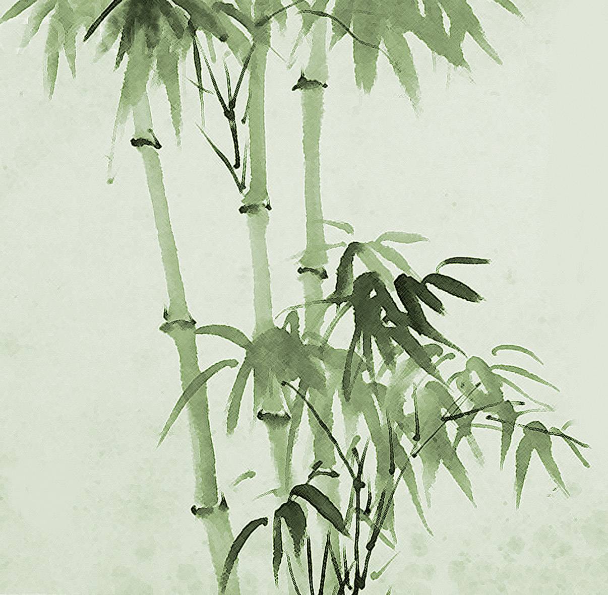 Watercolour painting of bamboo stems and leaves in soft, green hues, exuding tranquillity and a connection to nature.