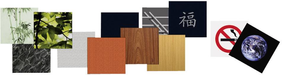 A collage of various materials and symbols, including plants, wood textures, a Chinese character, a no smoking symbol, and an image of the Earth.