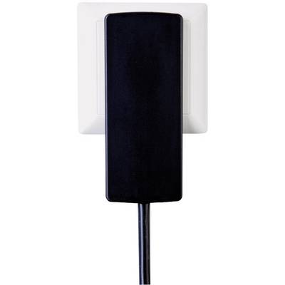 Black plug with cable inserted into white electrical socket.