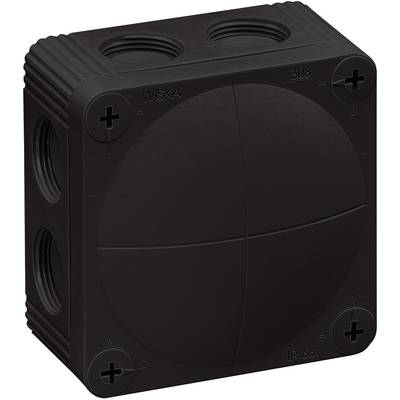 A black junction box with four screw mounting points, multiple cable entries, and marked with 'IP 66'.