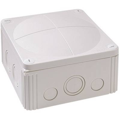 A grey, square junction box with rounded corners and multiple pre-formed openings on the sides.