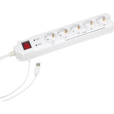 Power strip with five plug sockets and a USB port. A red switch for controlling the power supply is visible.