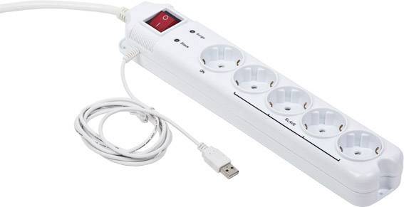 White multi-socket extension lead with five sockets, USB port, and red power switch.