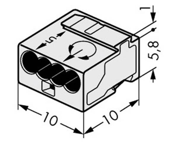 Technical drawing of a square connector with dimensions 10x10x5.8 mm, with four round terminals and rotation/arrow symbol.