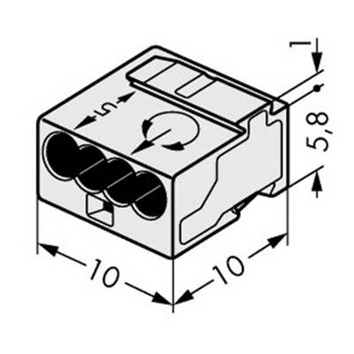 Technical drawing of a square connector with dimensions 10x10x5.8 mm, with four round terminals and rotation/arrow symbol.