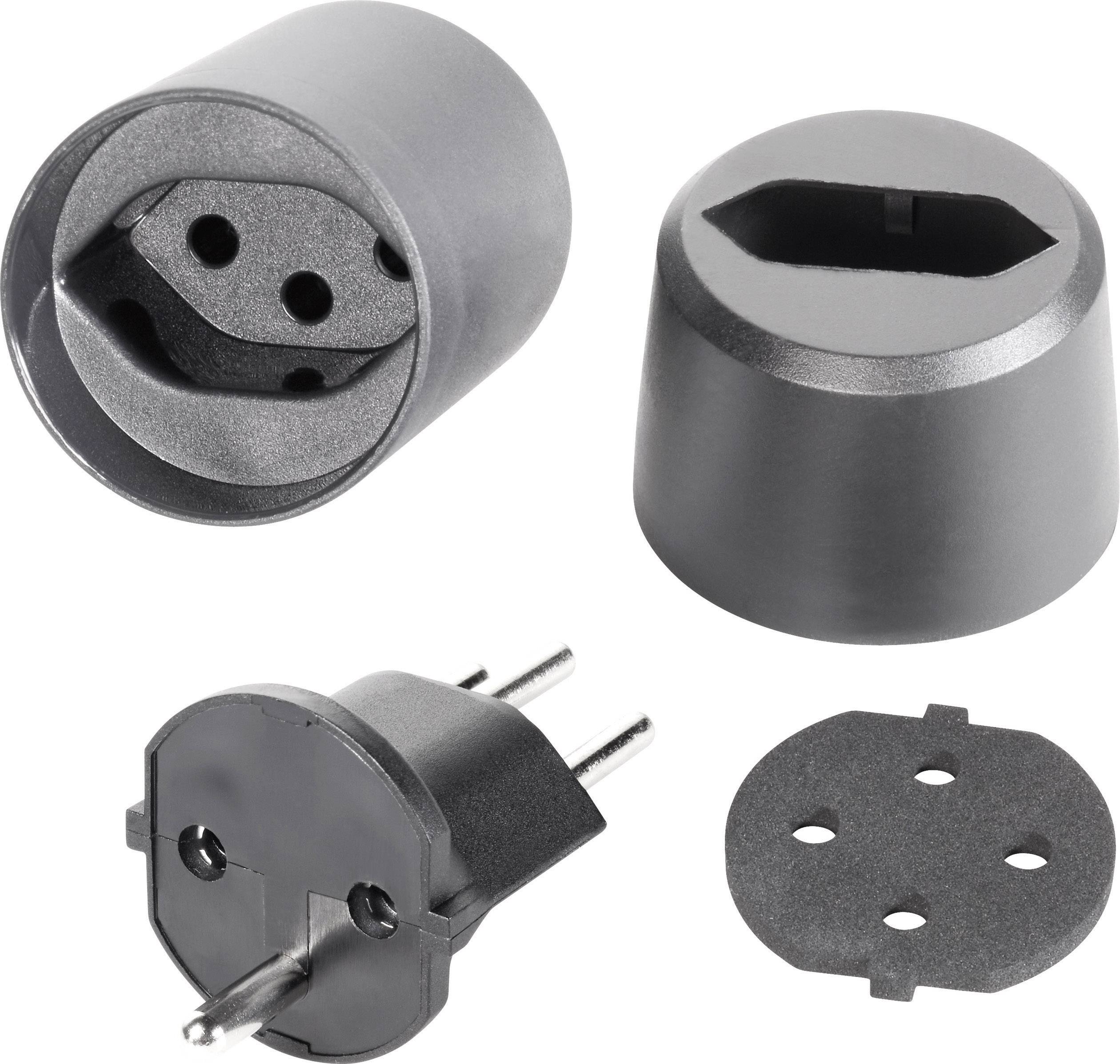 In the image, adapter plugs can be seen from various perspectives, each designed for converting different socket types.