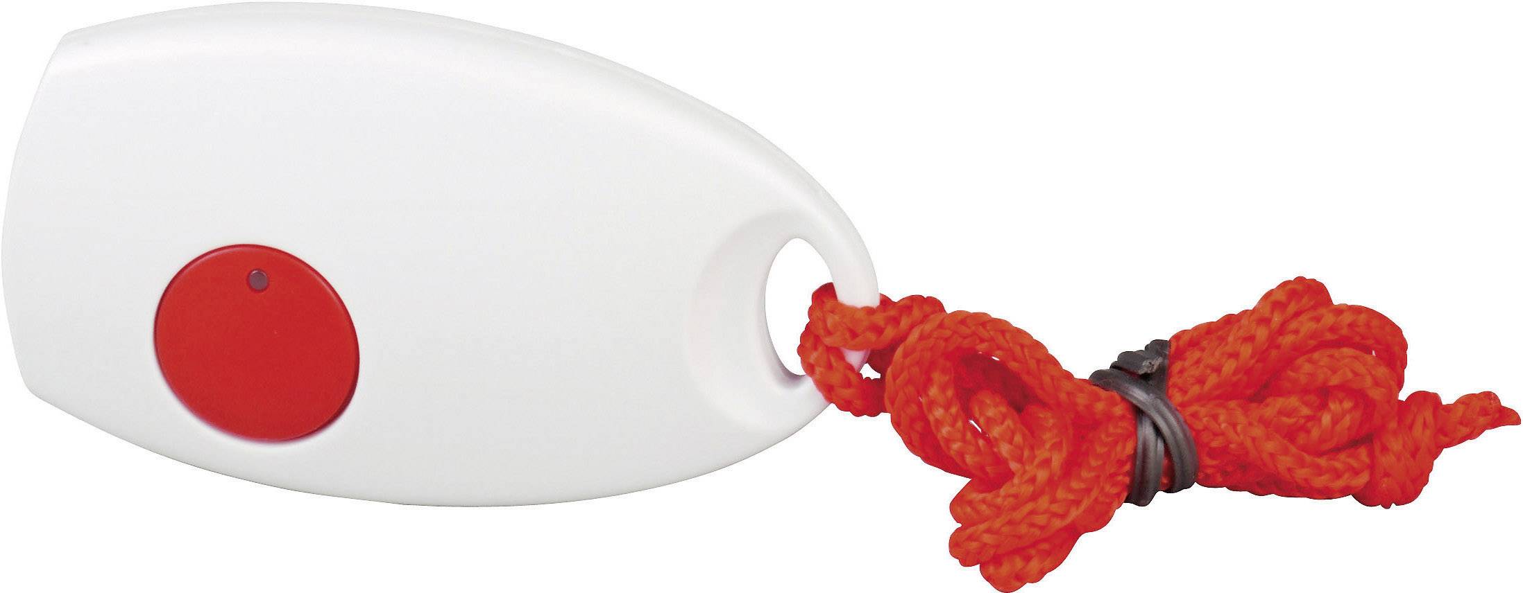 A white, oval float with a red button and an orange cord threaded through a hole at the end of the float.