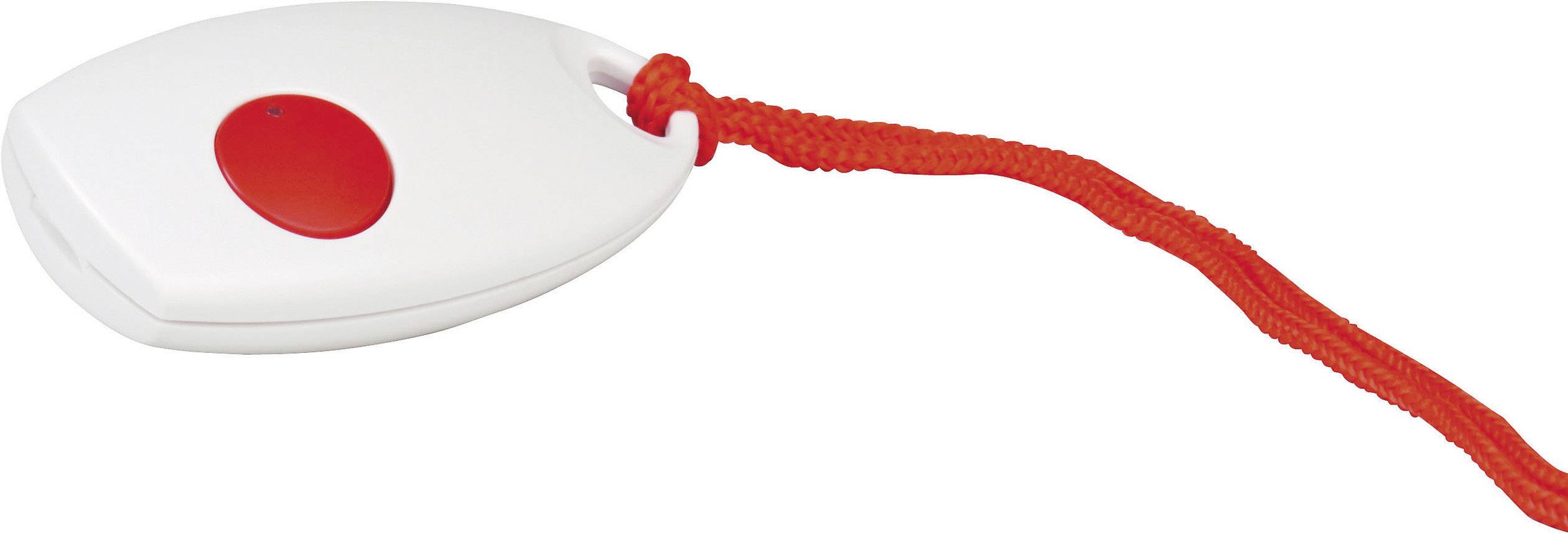 A white emergency call button with a red circle in the centre, attached to a red lanyard. Suitable for emergencies or assistance.