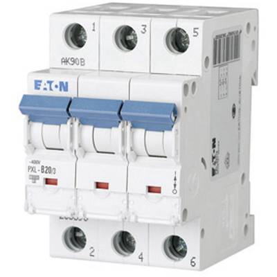An Eaton three-pole circuit breaker, model PXL-B20/3, against a white background, showing blue toggle switches and connections.