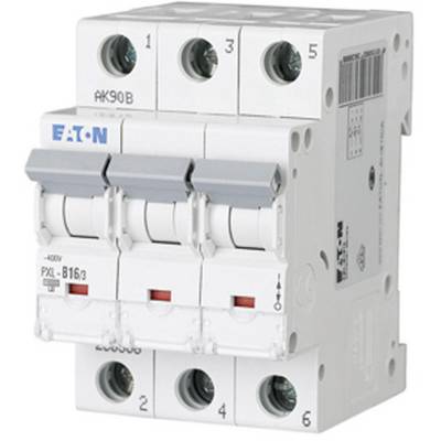 A three-pole circuit breaker by Eaton with the model number PXL-B16/3. It has markings and screw terminals.