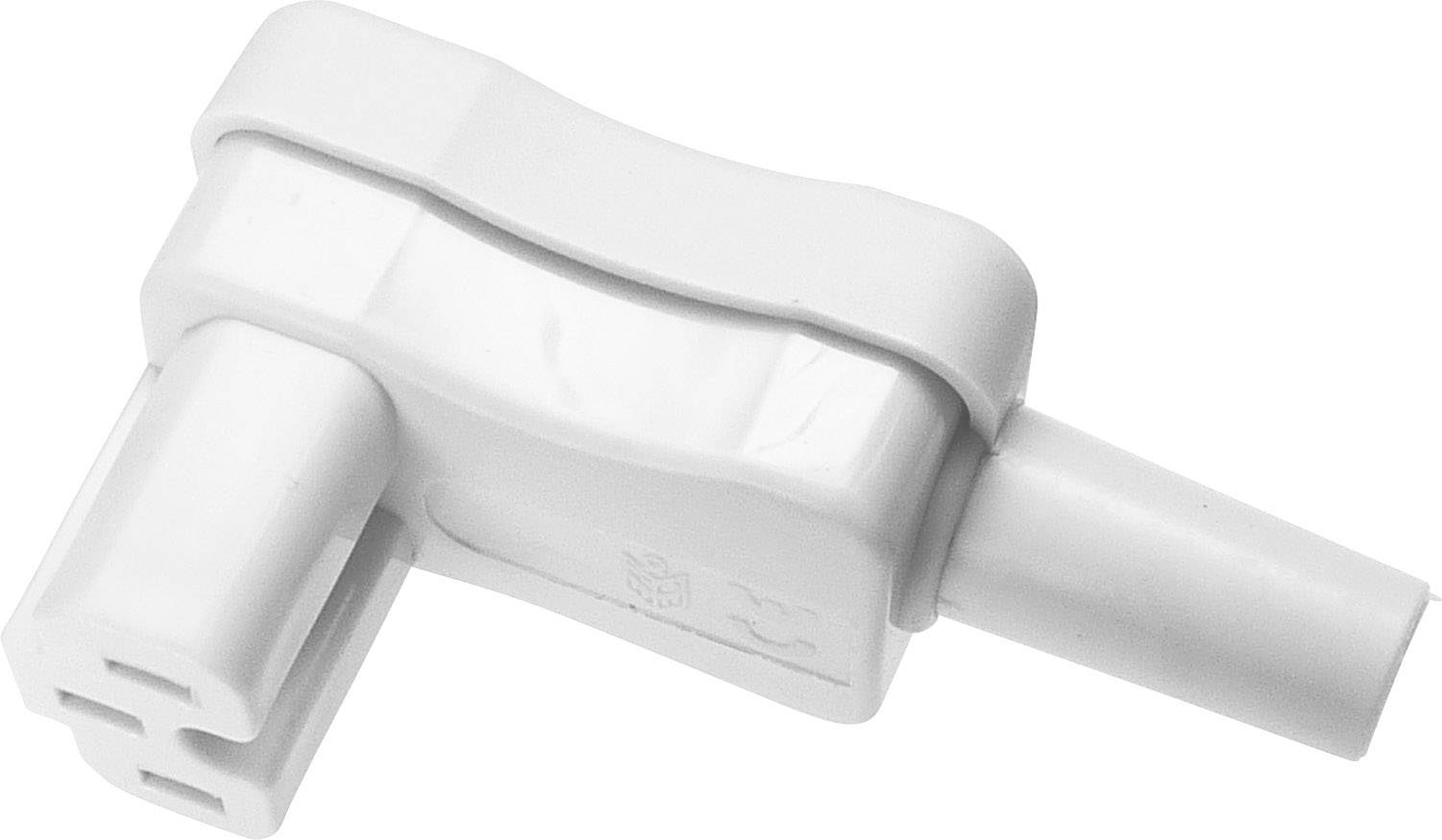 A white, rectangular plastic plug with two socket points, featuring a side and a rear opening. Commonly used in technical applications.