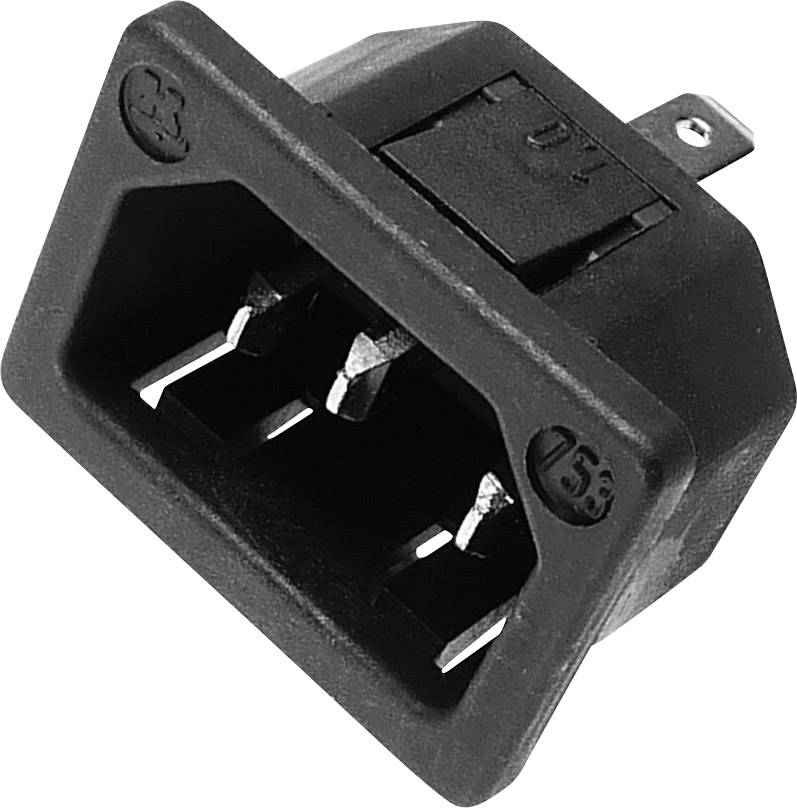 Black IEC C14 socket outlet, viewed from the front, with three socket positions and a rectangular shape.
