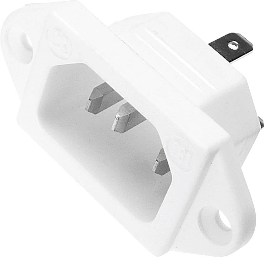 A white IEC power connector, identifiable by its three metal pins protruding from a rectangular plastic housing.