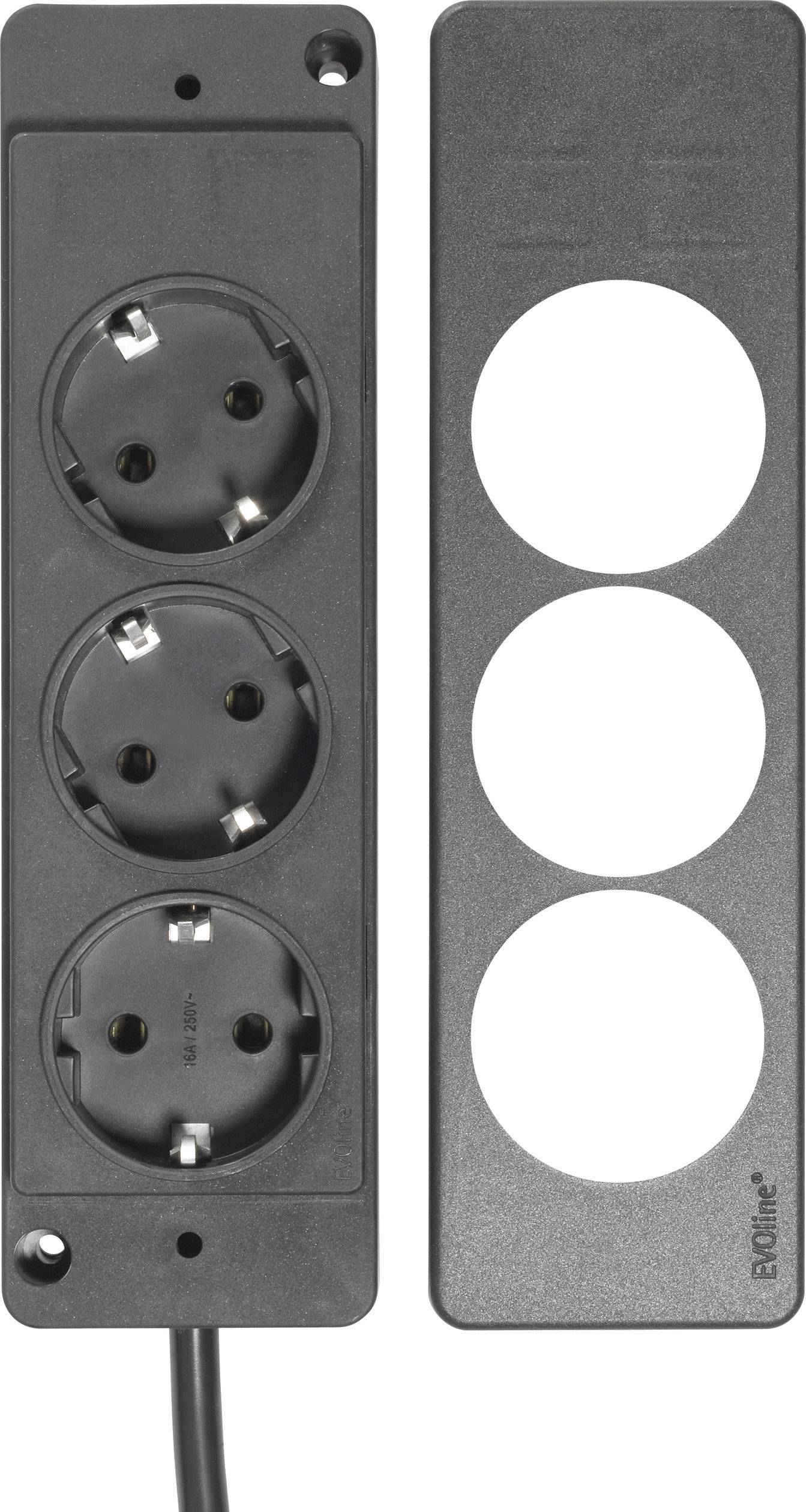 'Triple socket strip with removable cover, suitable for wall mounting. Displays three round sockets side by side.'