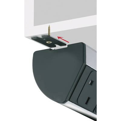 Connection technology, black mounting bracket screwed under a white surface, pointing towards a black power strip.