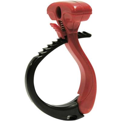 Red and black tool with a curved shape and serrated edges, likely a bottle opener or kitchen utensil.