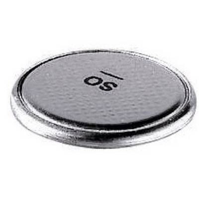 'CR2025' button cell battery, silver with black top, side view.