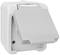 A white external socket with a hinged cover for protection. It offers protection against moisture and is suitable for outdoor use.