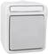 A white wall switch with a grey button, suitable for interior use, displays a simple and functional design.