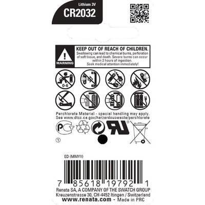 Lithium Battery CR2032. Warning: 'Keep out of reach of children', Risk of poisoning and choking. Manufacturer: Renata SA, Switzerland.