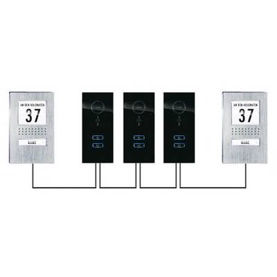 Door intercom system with four control panels. Two external units display the house number '37' and the name 'Hanel'. Two central units with microphone and speaker buttons.