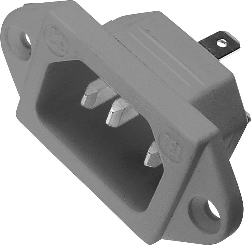 Grey-coloured, rectangular plug socket with three silver metal pins.