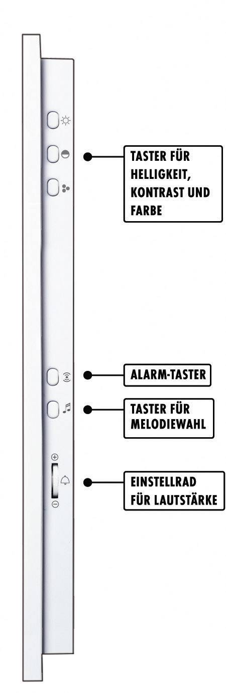 Side view of a remote control with buttons for brightness, contrast, colour, alarm, melody selection, and a volume adjustment dial.