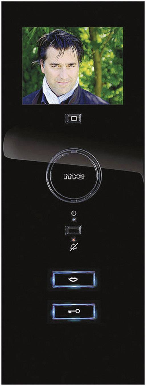 'Intercom with a video image of a man on the screen. Three buttons at the bottom, one with a lips symbol, one with a key symbol.'