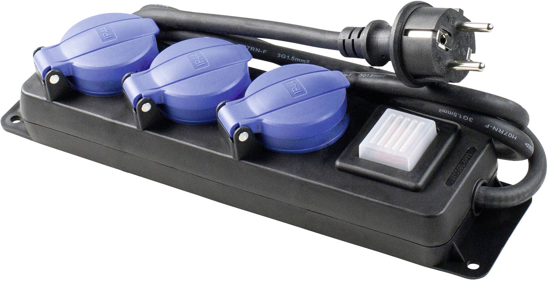 Black desktop power strip with three blue protective covers and a switch, connected to a black power cable and plug.