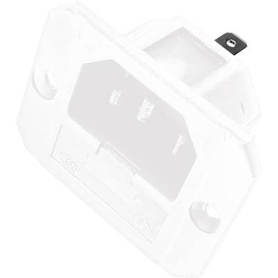 A white three-pin IEC connector in a rectangular housing with two mounting holes.