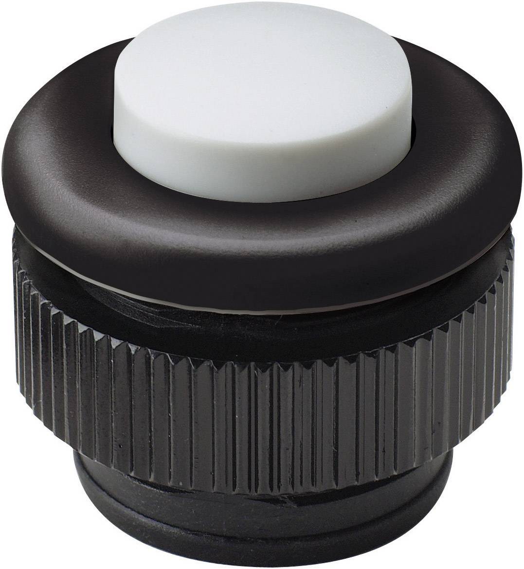 Black round push button with a ribbed casing and white top surface, a typical design for electronic control elements.