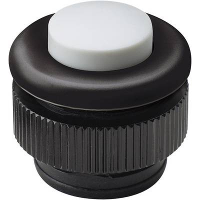 Black round push button with a ribbed casing and white top surface, a typical design for electronic control elements.
