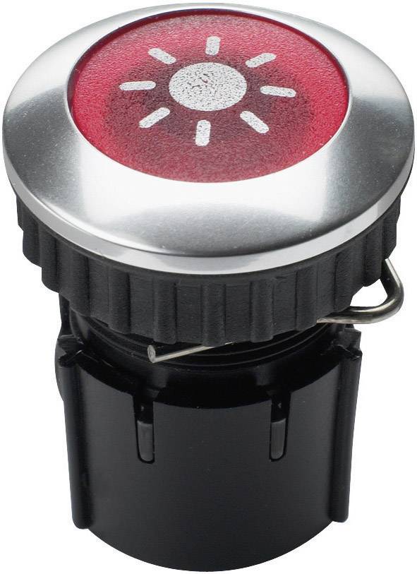 Red push button with a white sun symbol in the centre. The button is black-bordered and has a metallic surround.