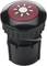 Black button with a red top and sun symbol, surrounded by a toothed frame, potentially symbolises illumination.