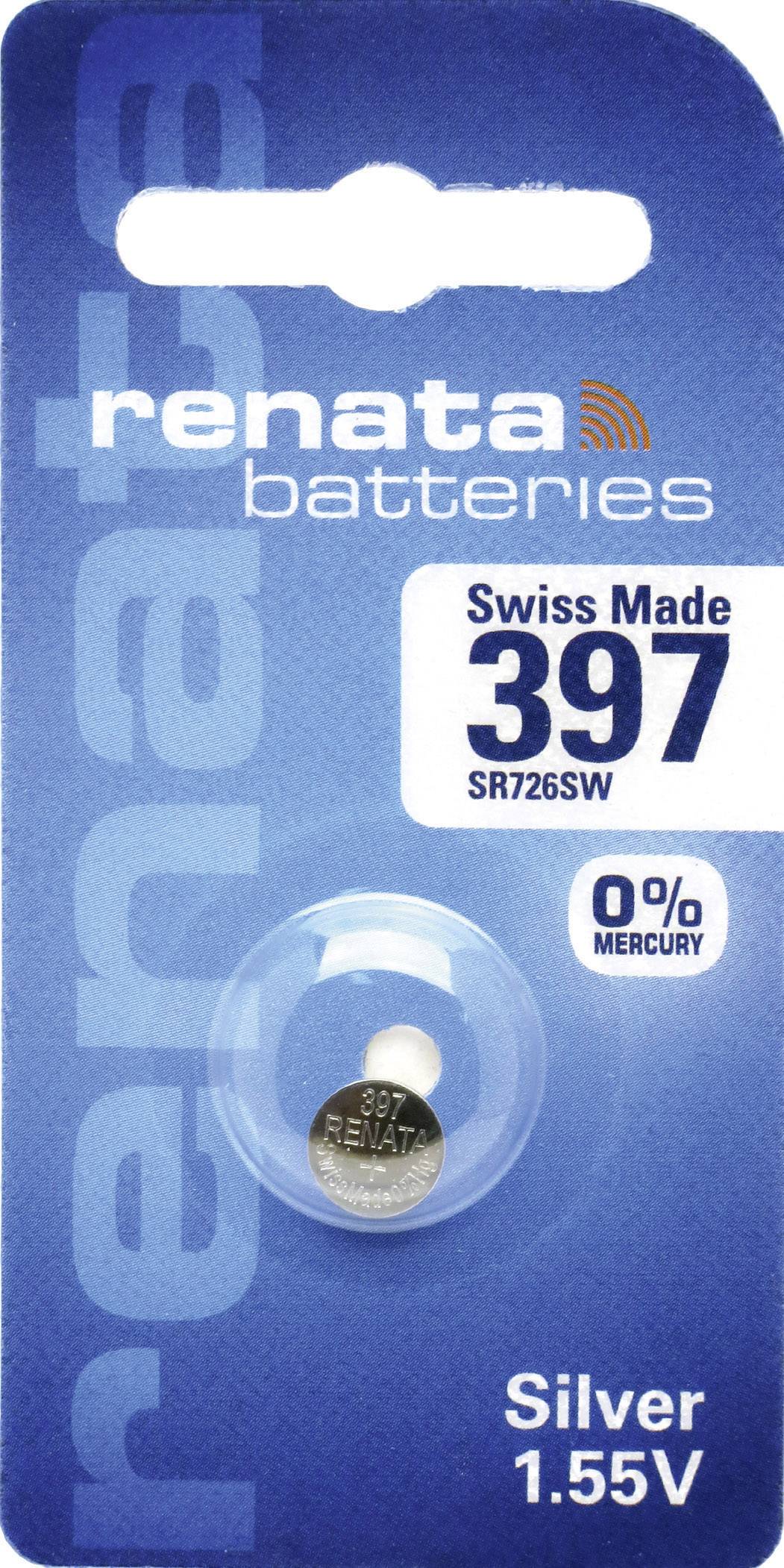 'Renata Batteries, Swiss Made 397, SR726SW, 0% Mercury, Silver 1.55V.' A button cell battery in packaging.