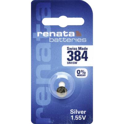 Battery pack by 'renata' brand, Type 384 SR41SW, 0% mercury, Silver, 1.55V.