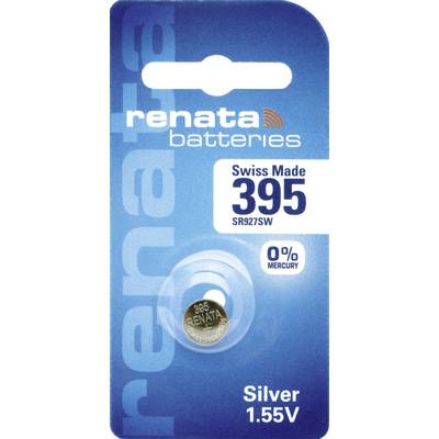 Packaging of a Renata battery, type SR927SW, 0% mercury, manufactured in Switzerland, provides 1.55 V.