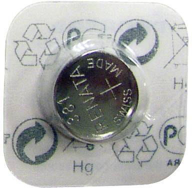 'Button cell 381, Pentax, Made in Switzerland.' Background has symbols for recycling and environmental hazard.