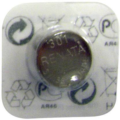 A Renata button cell battery, model 301, in a transparent packaging with recycling and disposal symbols.