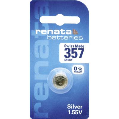 Blister pack of a silver button cell SR44W brand Renata, 1.55V, 0% mercury, manufactured in Switzerland. Primary use: Watches.