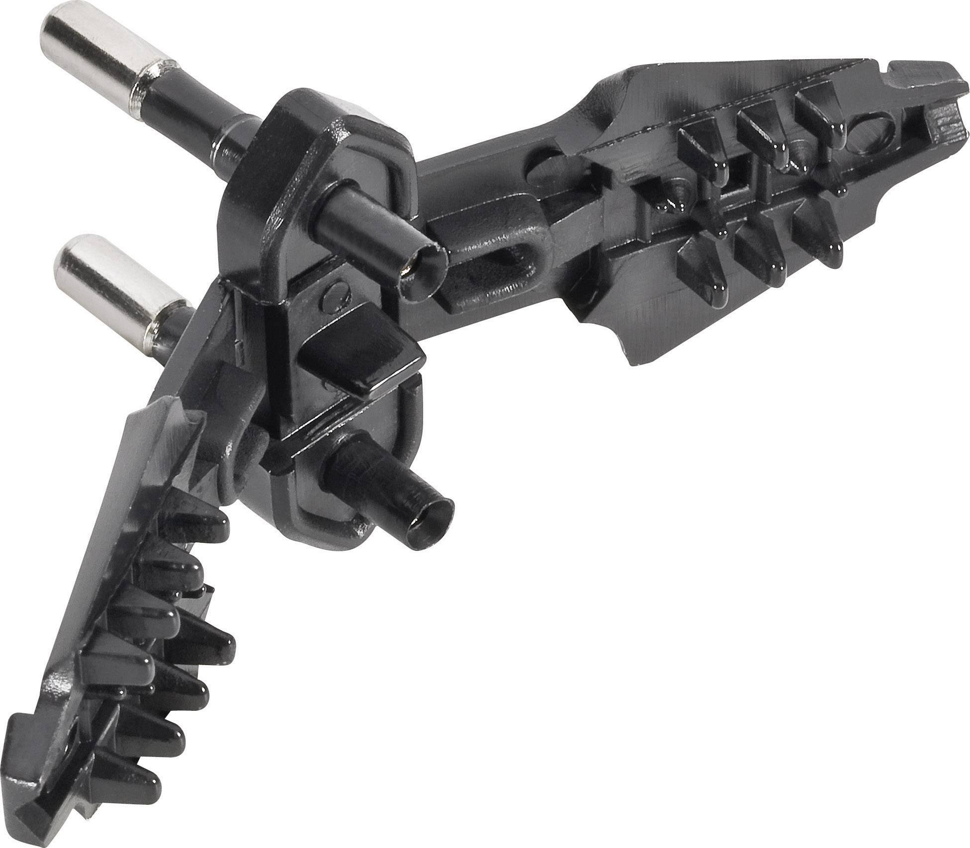 Black ice axe with two metal points and a serrated edge, suitable for mountaineering or ice climbing.