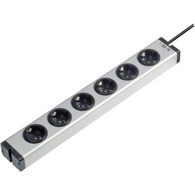A silver power strip with six black socket outlets and a black cable on the right-hand side.