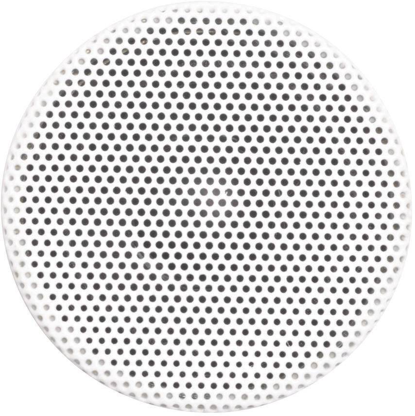 'Drain grating in close-up, round with regular holes, predominantly white.'