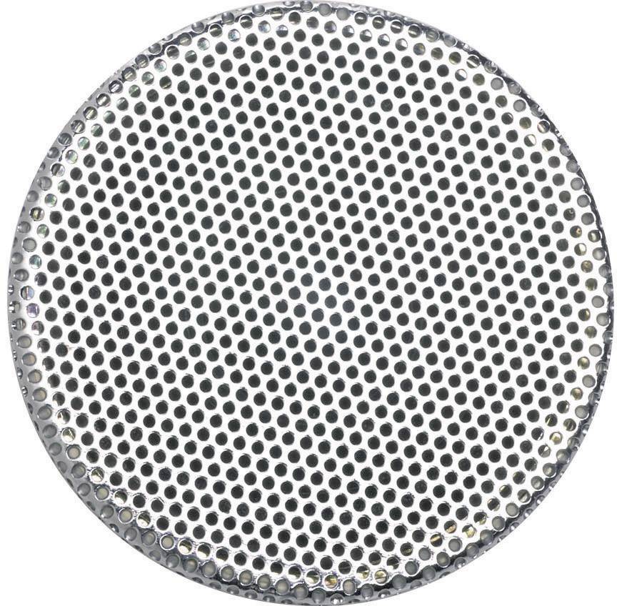 A round metal plate with numerous evenly distributed holes arranged uniformly across the entire surface.