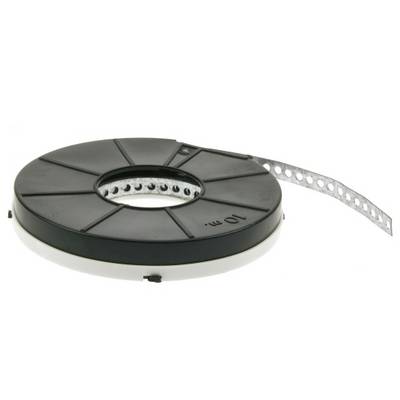 A black reel with a metal tape protruding from the side. The tape has regularly arranged holes.